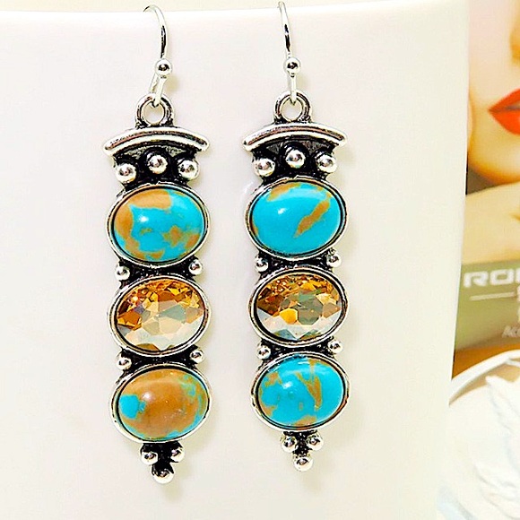 Silver Vintage Handmade Boho Turquoise Dangle Drop Stone Citrine Earrings - Picture 4 of 4